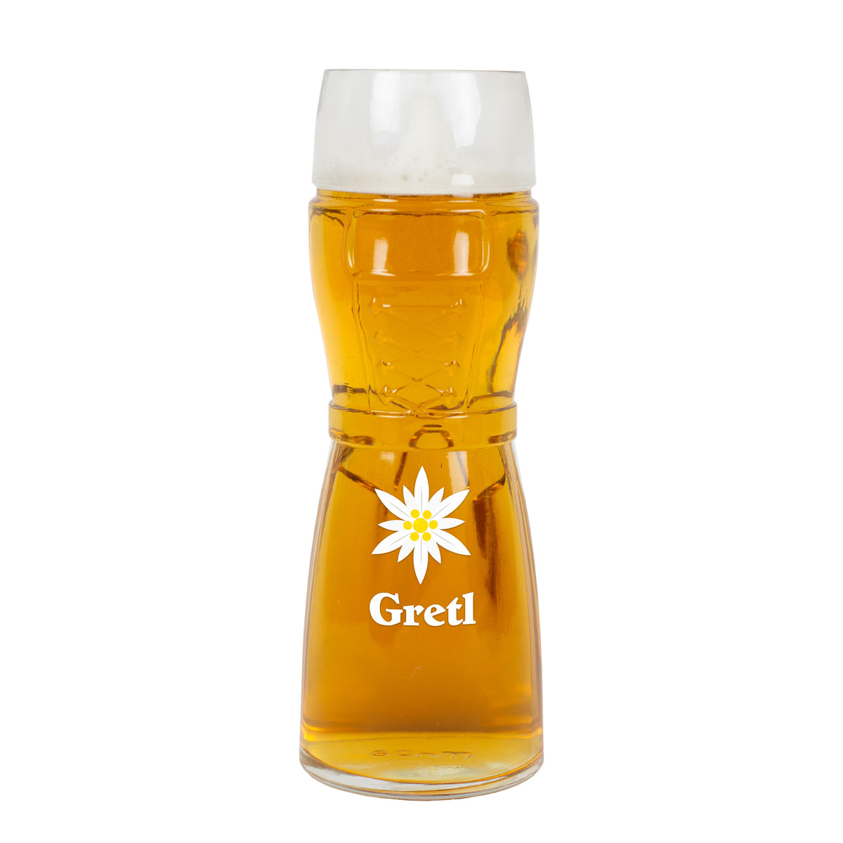 Bierglas Dirndl mit Edelweiß und Name Gretl – freigestellt