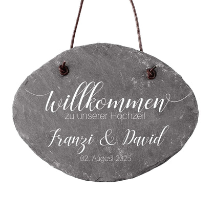 Willkommensschild aus Schiefer zur Hochzeit