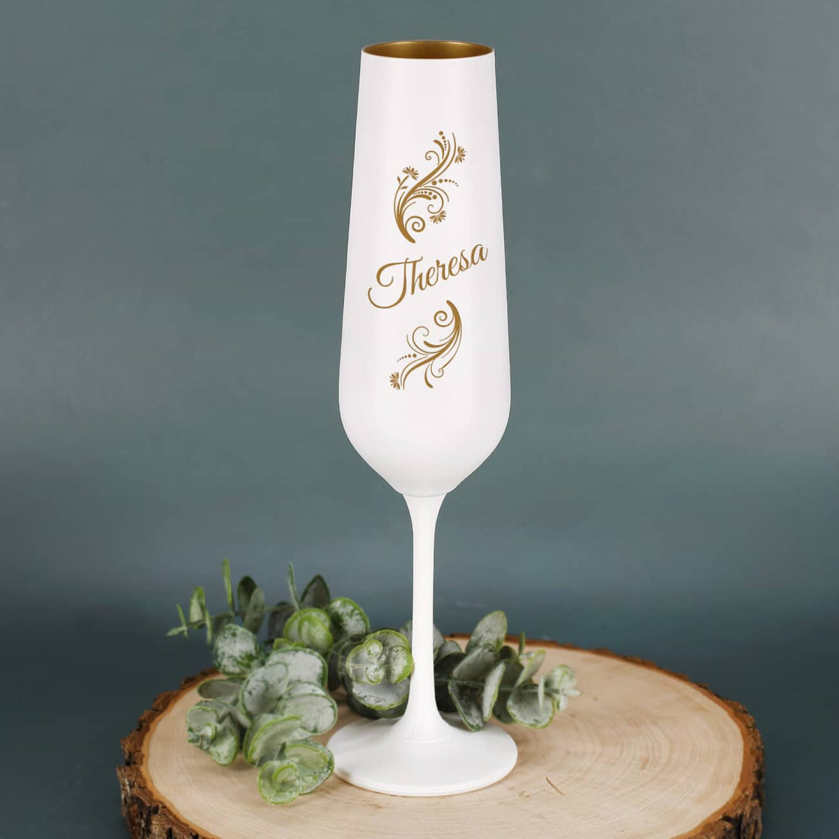 Sektglas in Weiß-Gold mit Name graviert
