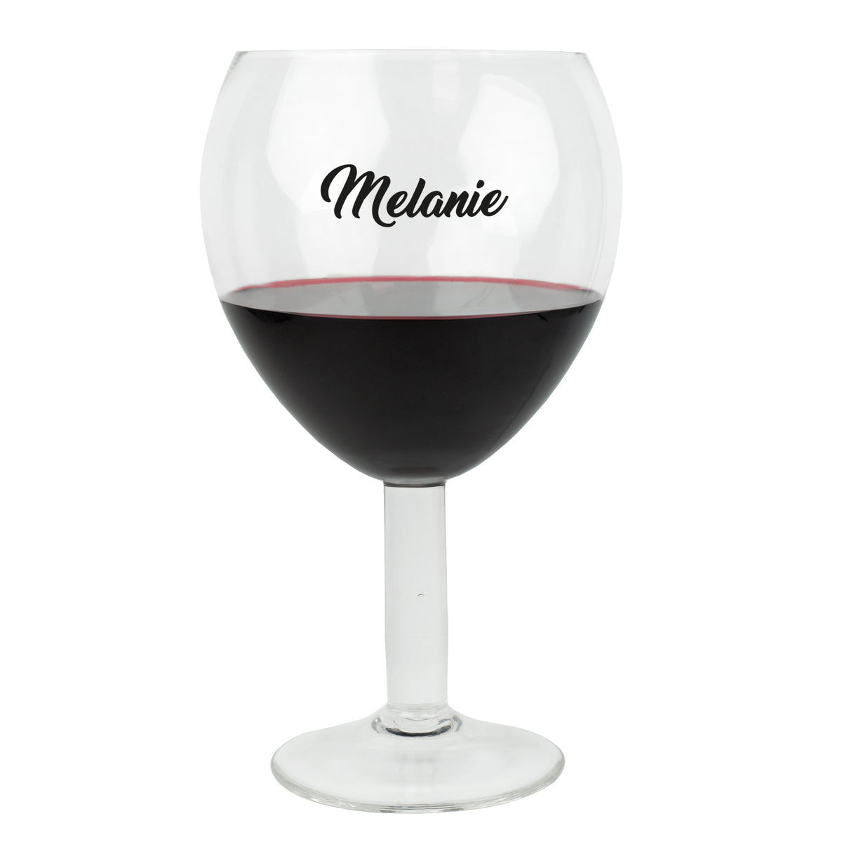 Riesen-Weinglas 3 L mit Name Melanie, gefüllt mit Rotwein, freigestellt