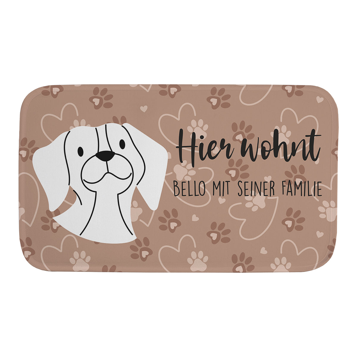 Hundematte in Braun mit Hunde-Motiv und Text, freigestellt auf weißem Hintergrund für neutrale Darstellung.