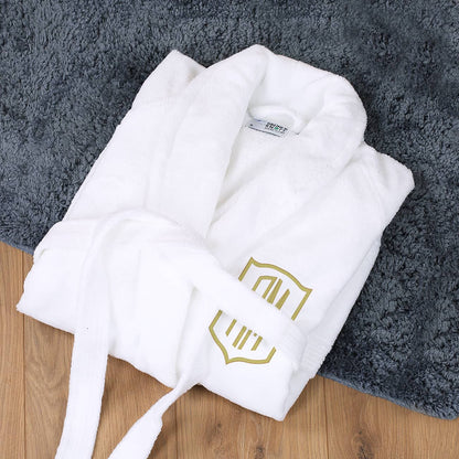 Weißer Bademantel mit Initialen bestickt in Gold, Unisex Gr. S-XL