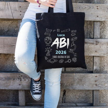 Baumwolltasche zum bestandenen Abitur mit Name "Luca", Jahr und Wunschtext