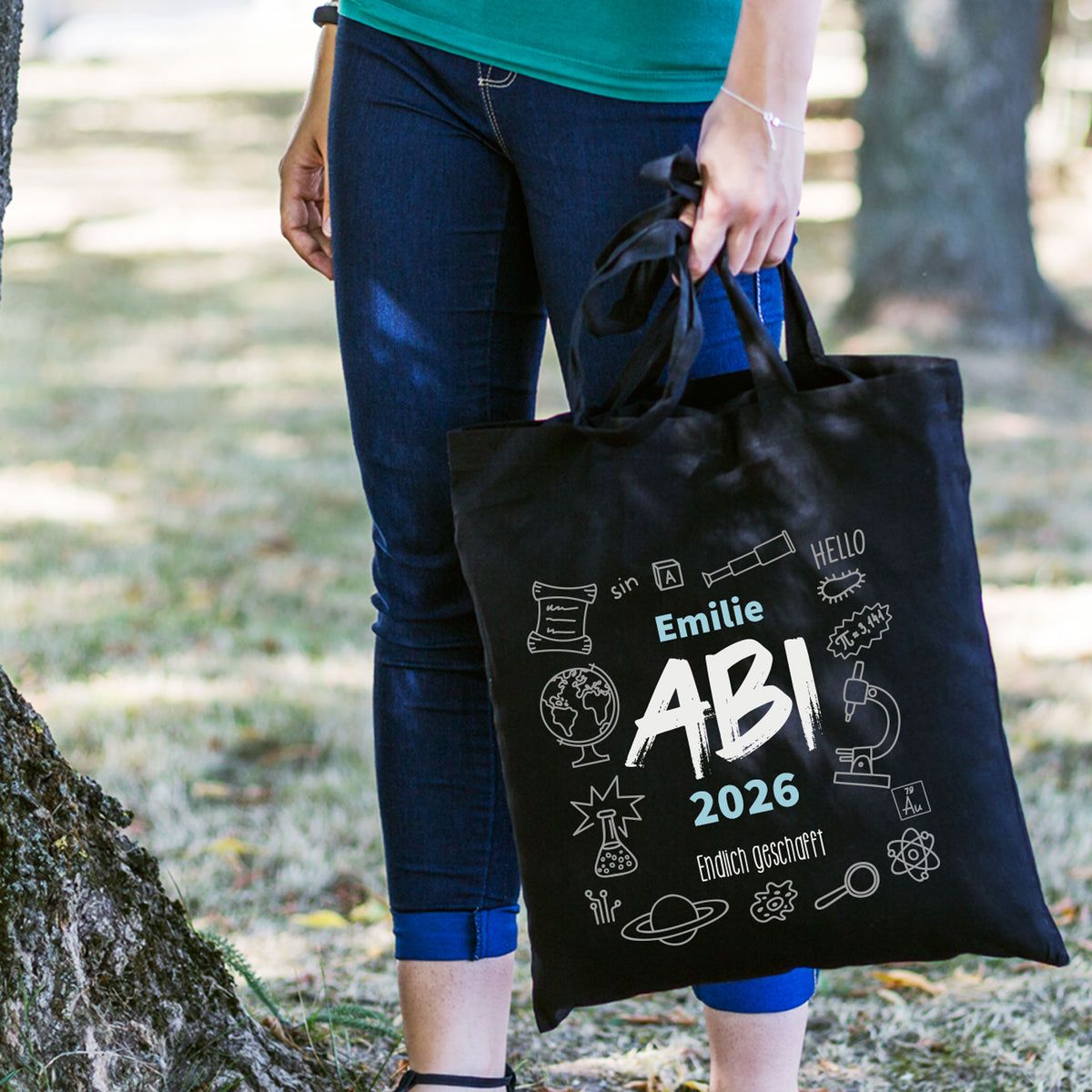 Baumwolltasche zum bestandenen Abitur mit Name "Emilie", Jahr und Wunschtext
