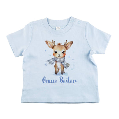 Babyshirt in blau mit niedlichem Rentier und Wunschtext, 3 Größen zur Auswahl