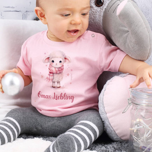 Rosa Babyshirt mit Schäfchen und Wunschtext