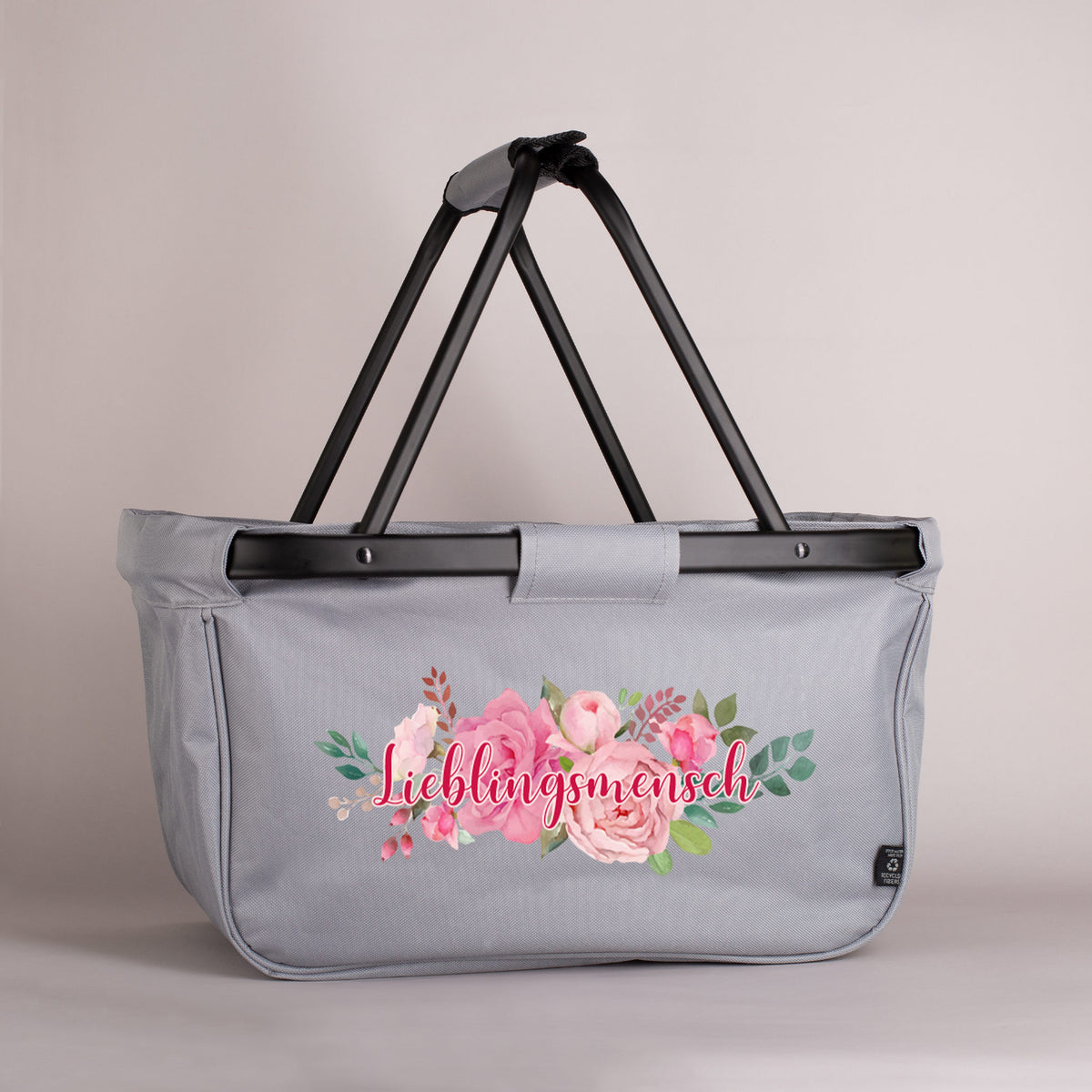 Praktischer Einkaufskorb mit Blumenbouquet und individuellem Aufdruck