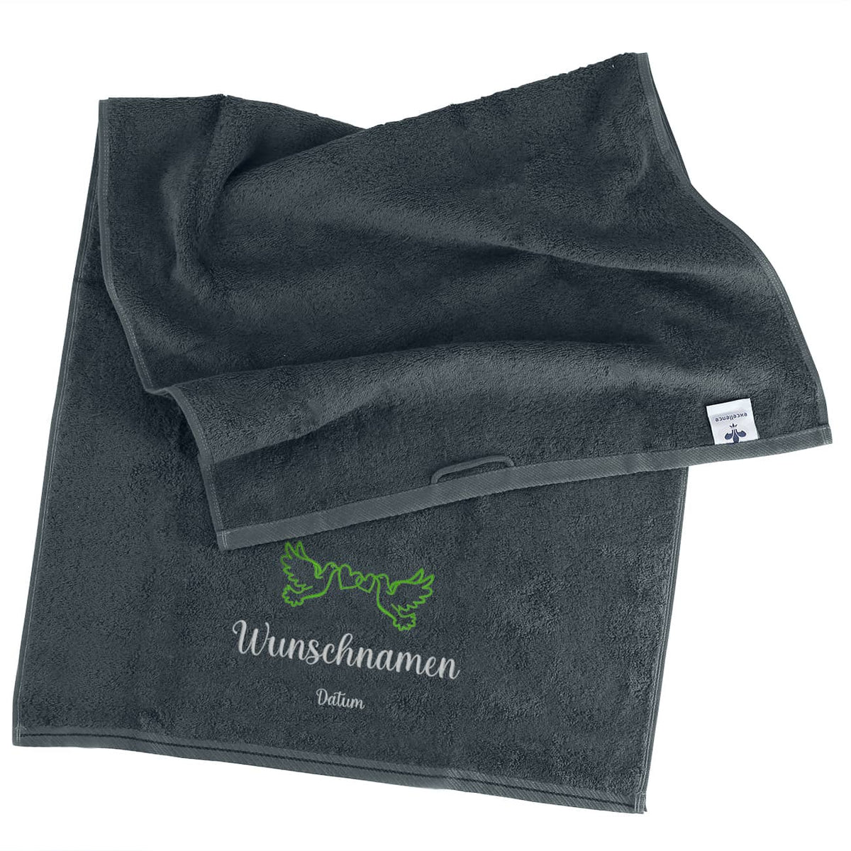 Duschtuch mit Tauben zur Hochzeit bestickt mit Namen und Datum