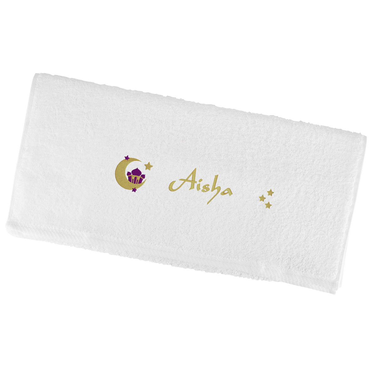 Weißes Handtuch mit Moschee Mond Sterne Stickerei und Name Aisha freigestellt auf weißem Hintergrund