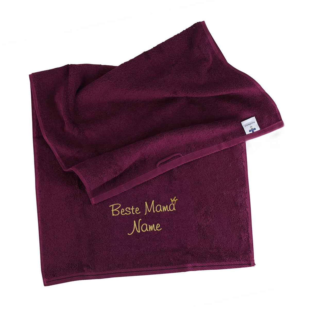 Beste Mama - brombeerfarbenes Handtuch mit Name in Gold bestickt