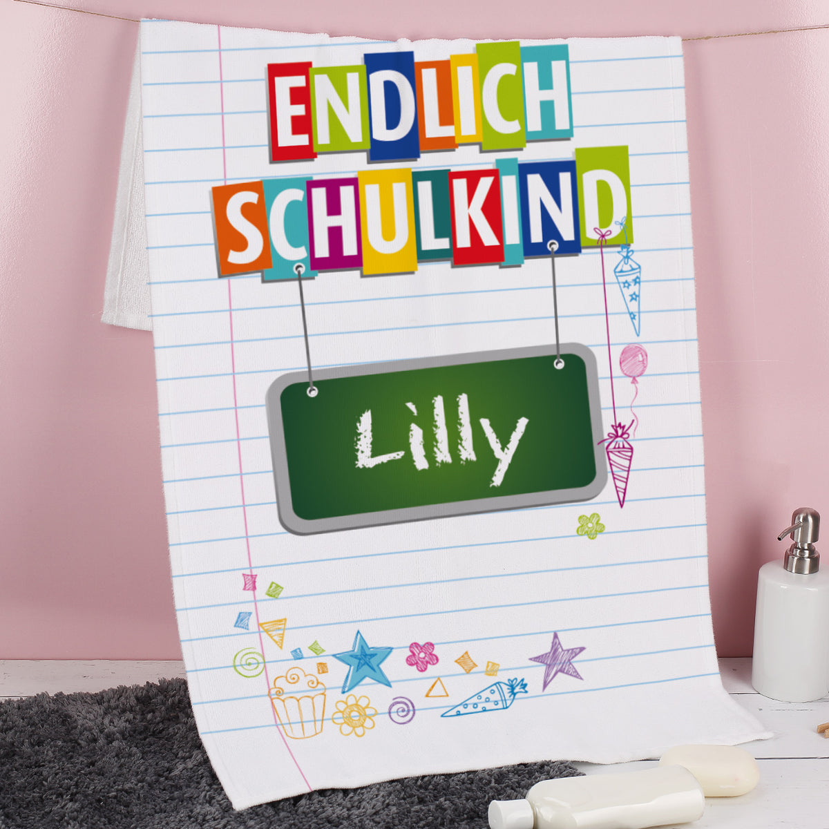 Endlich Schulkind - Handtuch mit Name zum Schulanfang