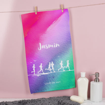 Personalisiertes Gästehandtuch 30 x 50 cm mit Hobby-Motiv, Name und Wunschtext – vollständig bedruckt auf weißem Stoff.