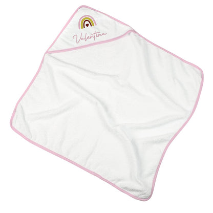 besticktes Kapuzenhandtuch mit Regenbogen-Motiv und Name in rosa