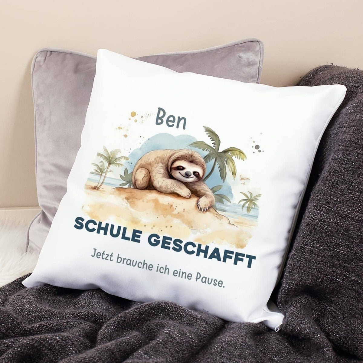 Schulabschluss - Kissen mit Faultier, Name und Wunschtext