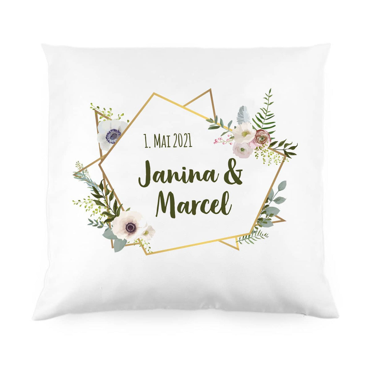 Kissen zur Hochzeit mit Blüten, Namen und Datum