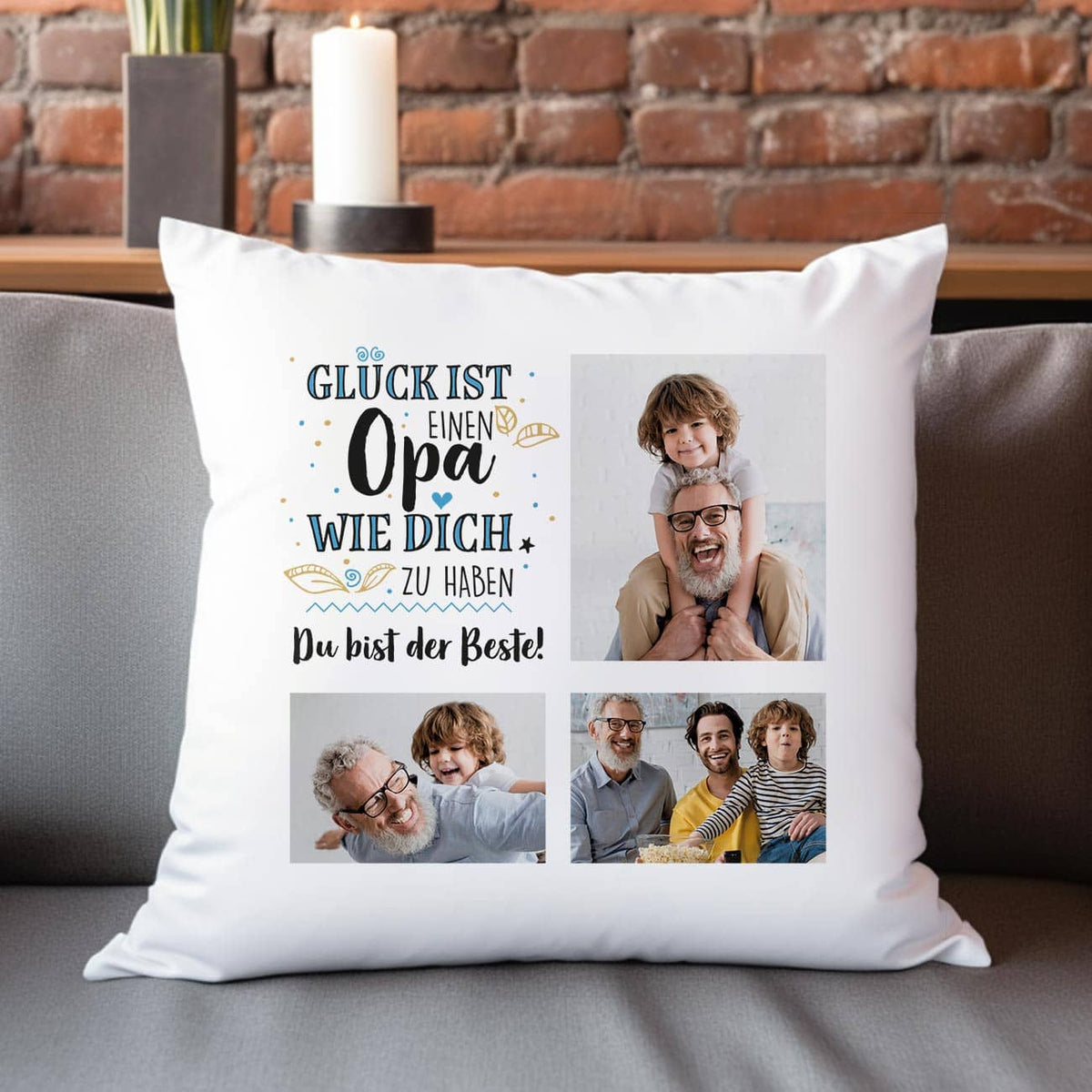 Weißes Kissen für Opas mit drei Fotos und Wunschtext
