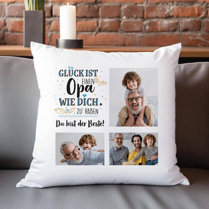 Weißes Kissen für Opas mit drei Fotos und Wunschtext