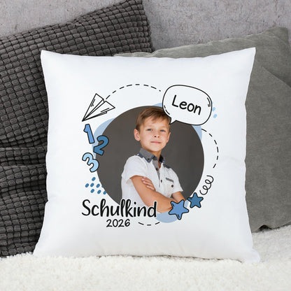 Kissen zur Einschulung mit Foto, Name und Schuljahr in Blau