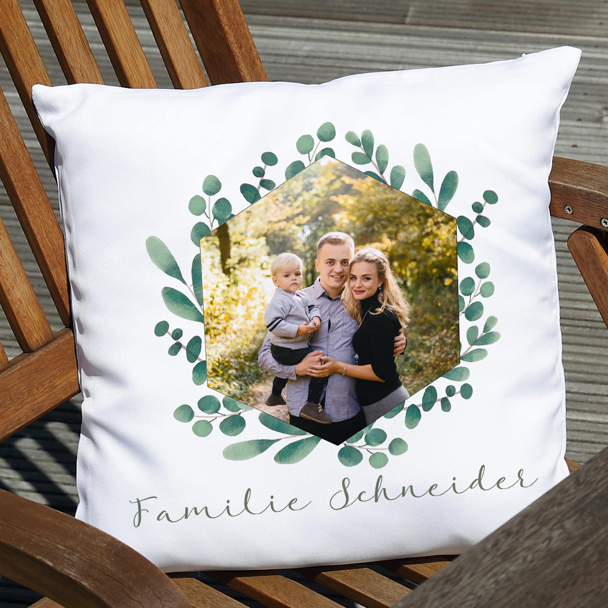 Kissen mit Ihrem Familienfoto und Wunschtext | Motiv: Eukalyptuskranz