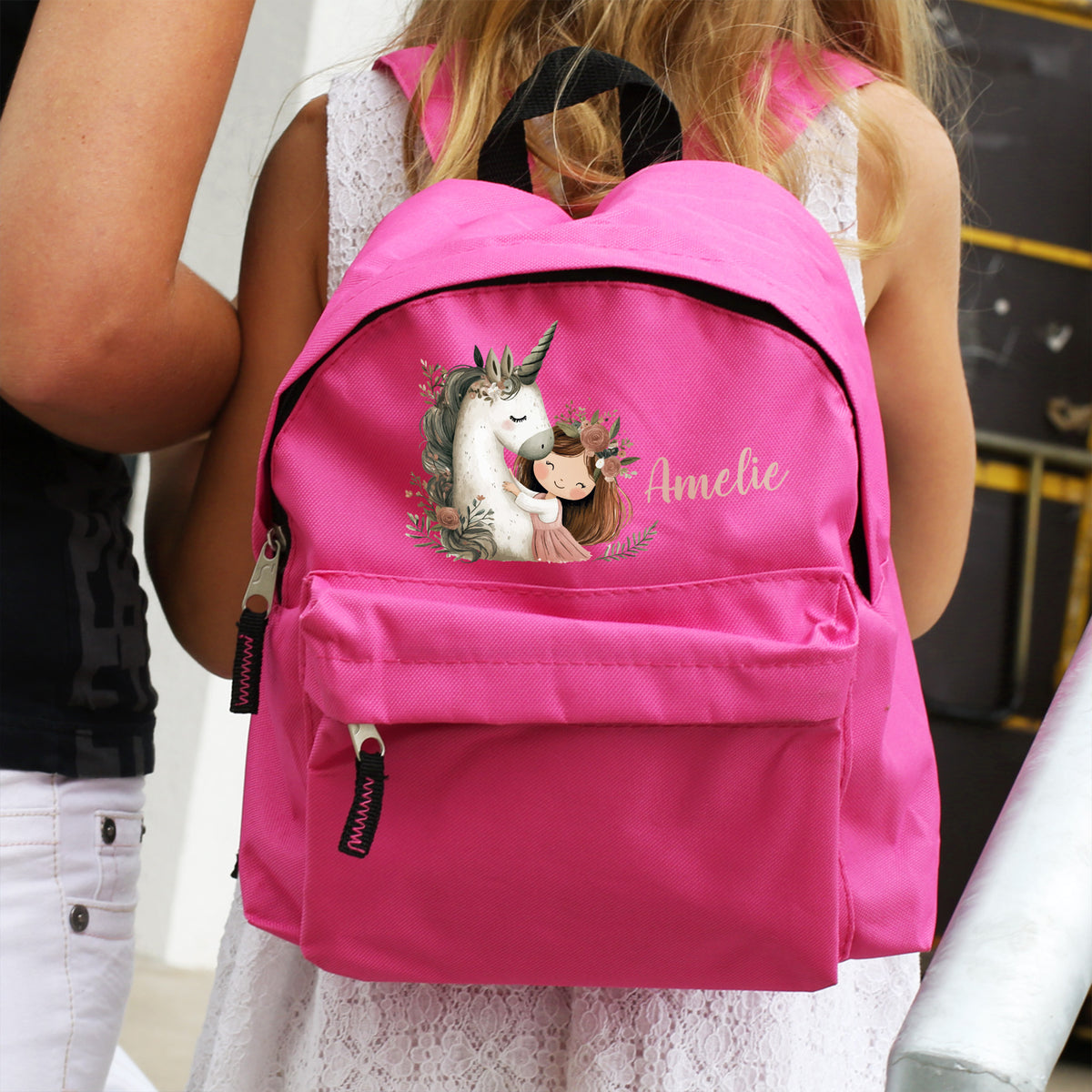 Kindergartenrucksack mit Einhorn, Prinzessin & Name | Rosa/Pink