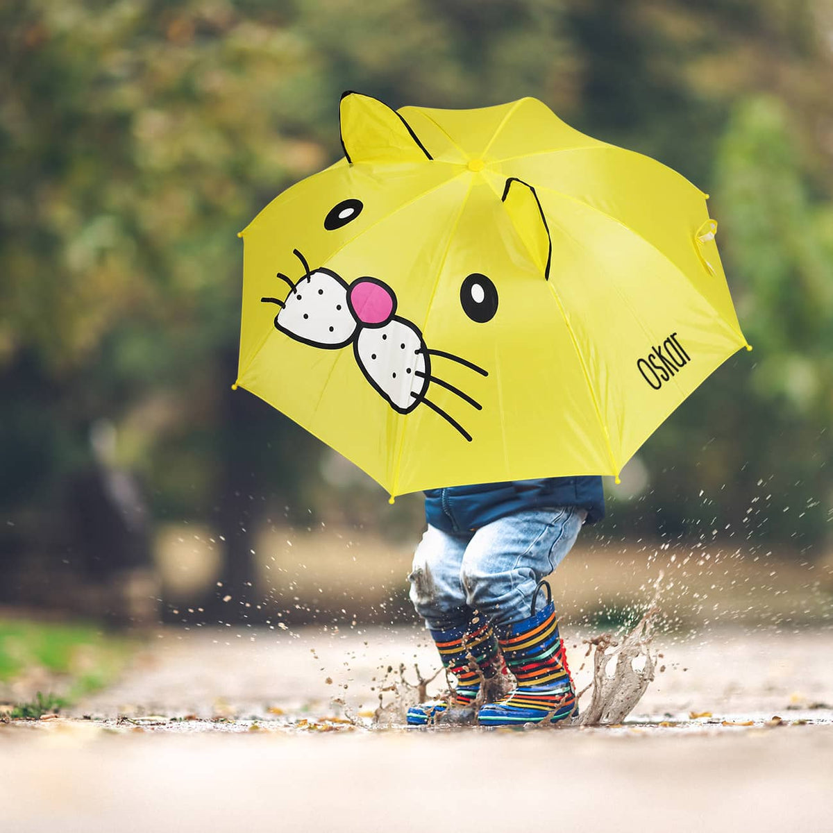 Gelber Regenschirm "Katze" für Kinder mit Name personalisiert