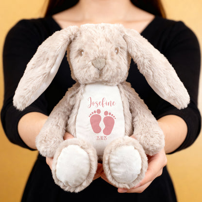 Kuscheltier Hase mit Babyfüßchen | Personalisiert mit Name & Datum zur Geburt & Taufe | Farbauswahl