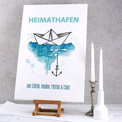 Heimathafen - Leinwand mit Papierschiffchen, Anker und Wunschtext 60x40cm