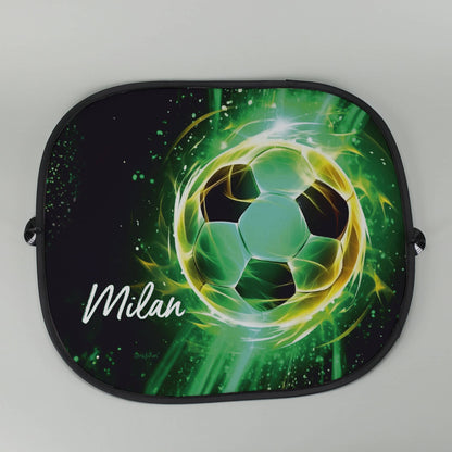 Personalisierter Sonnenschutz mit modernen Fußball-Motiv für das Autofenster