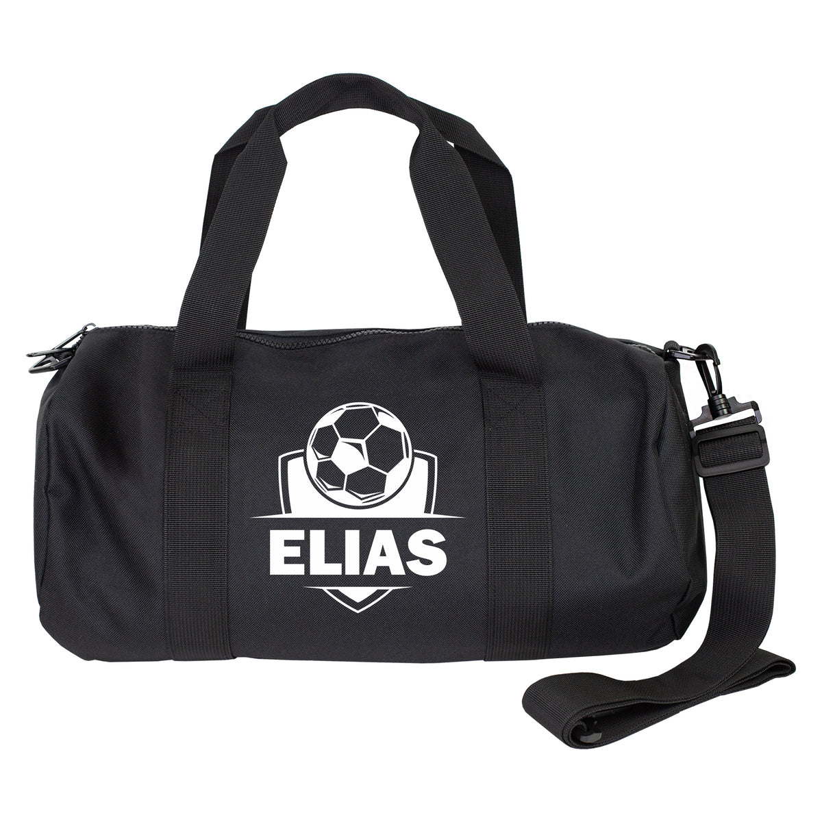 Schwarze Sporttasche mit Fußball-Emblem und Name Elias freigestellt