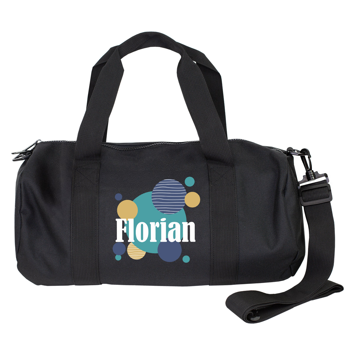 Personalisierte schwarze Sporttasche mit modernem Muster und Name Florian auf weißem Hintergrund