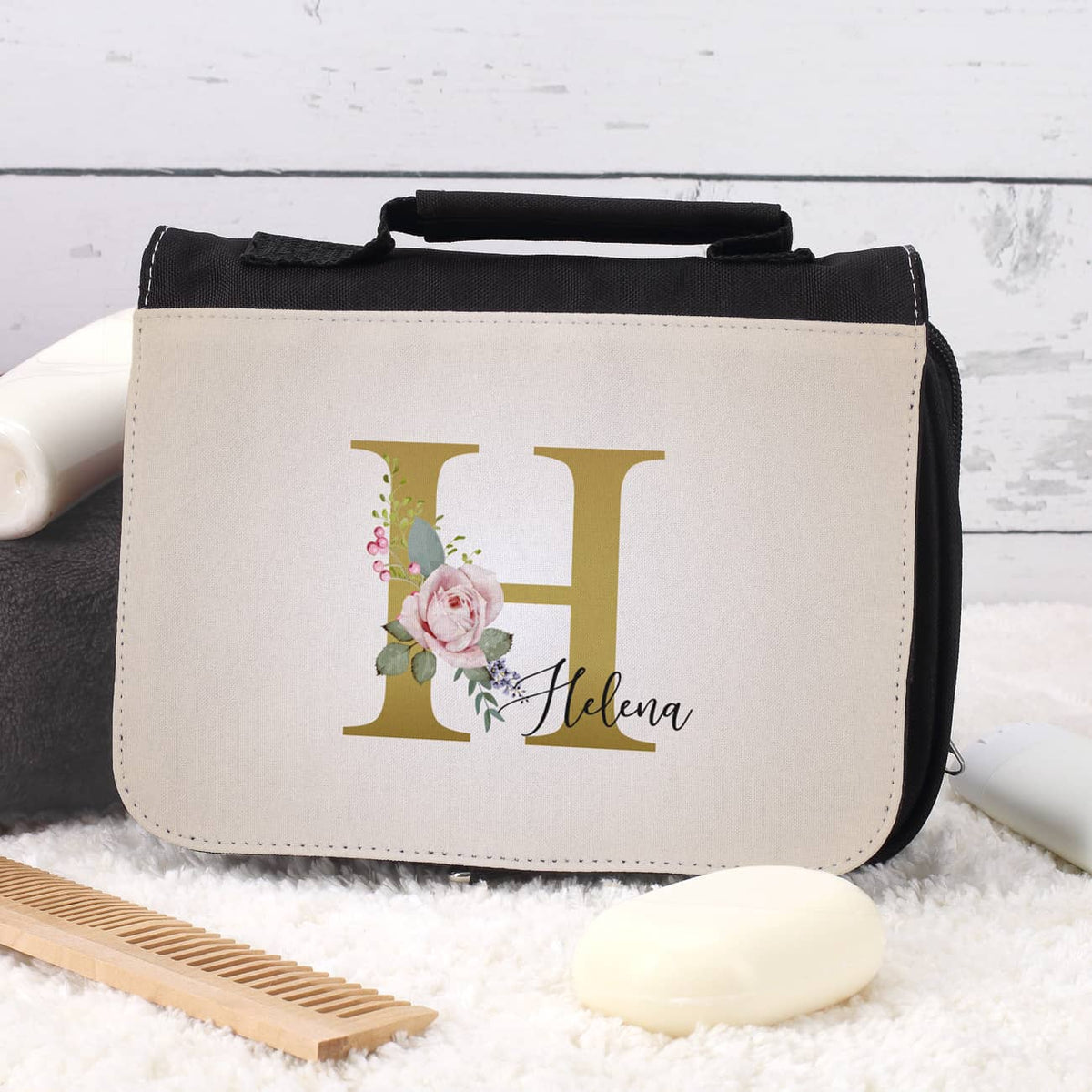 Kulturtasche mit Rosen-Monogramm und Name