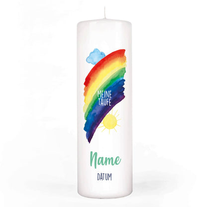 Kerze zur Taufe mit Regenbogen und persönlichem Aufdruck