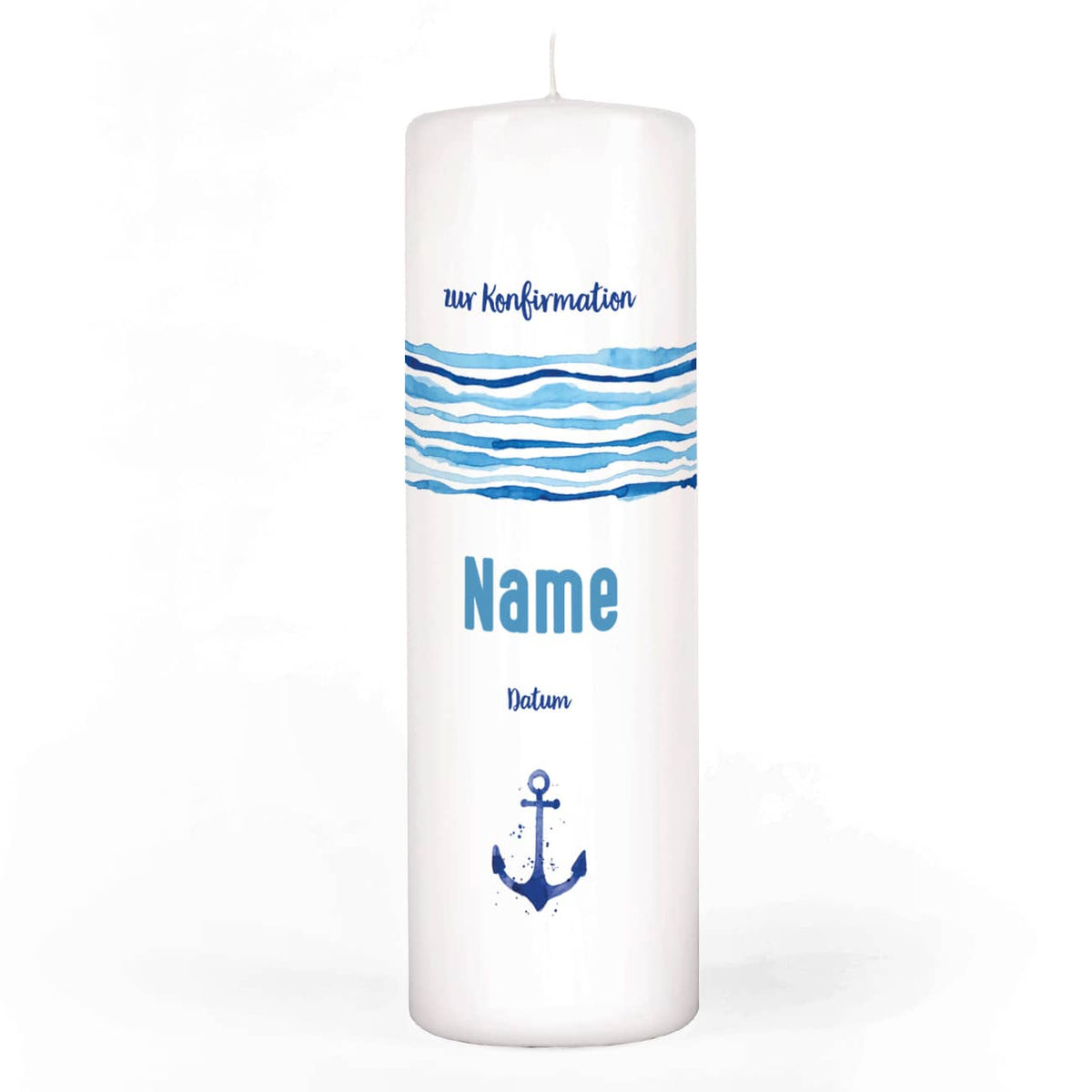 Konfirmationskerze mit Anker, Name, Datum 