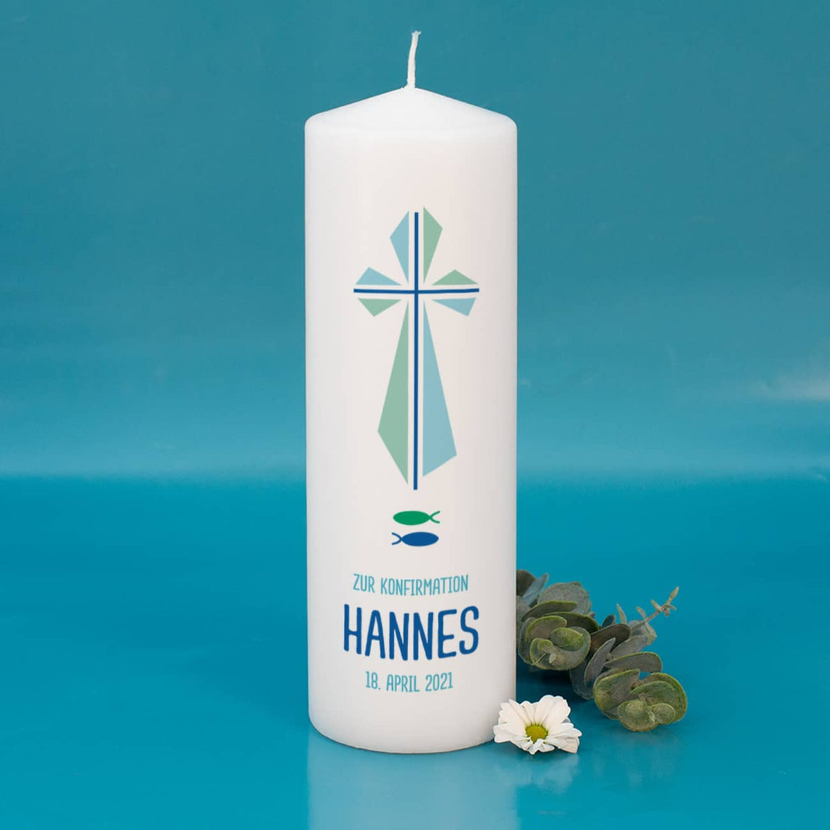 Konfirmationskerze mit Psalm und Kreuz