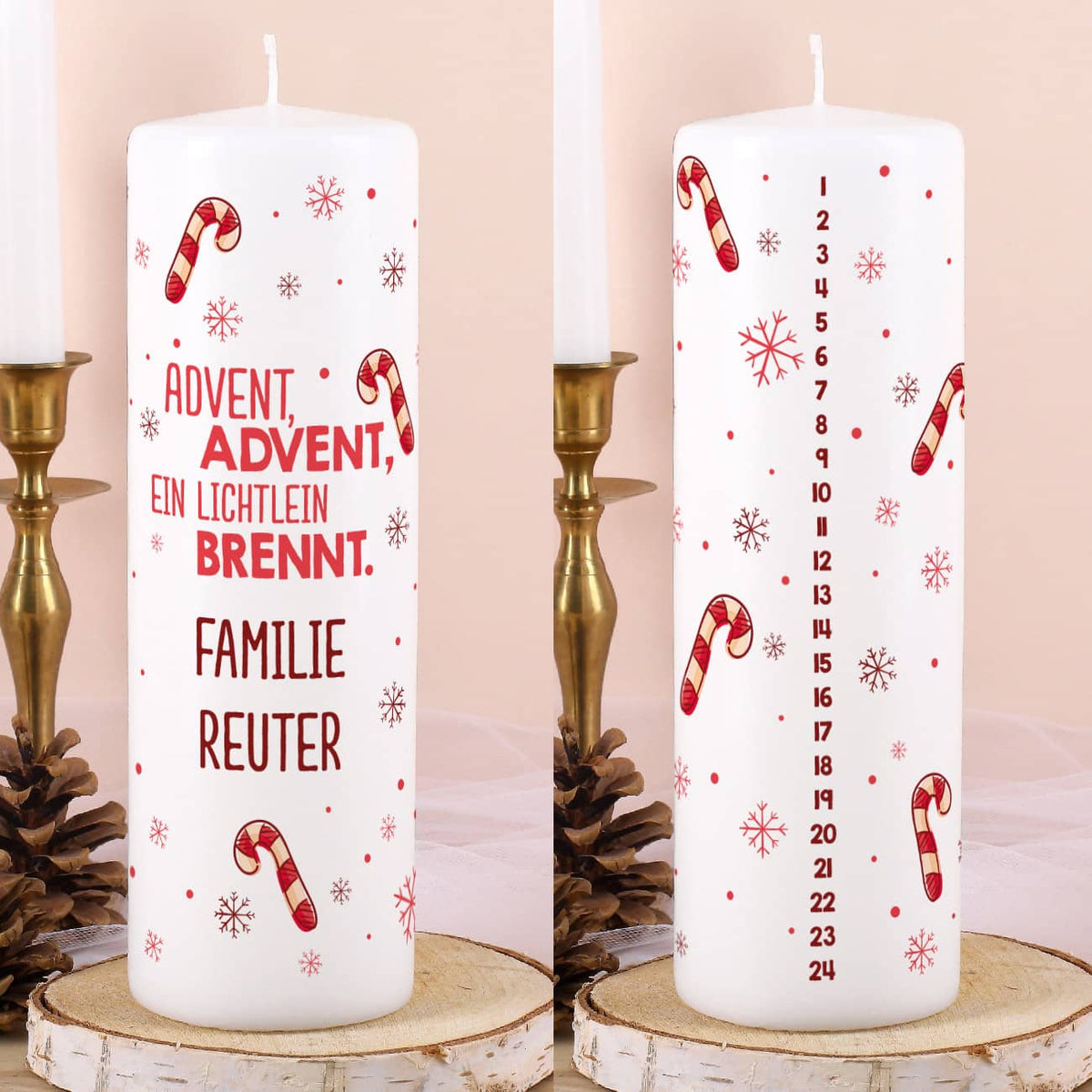 Adventskalender Kerze mit Zuckerstangen und Wunschtext