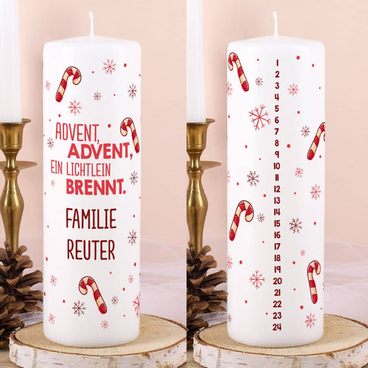 Adventskalender Kerze mit Zuckerstangen und Wunschtext