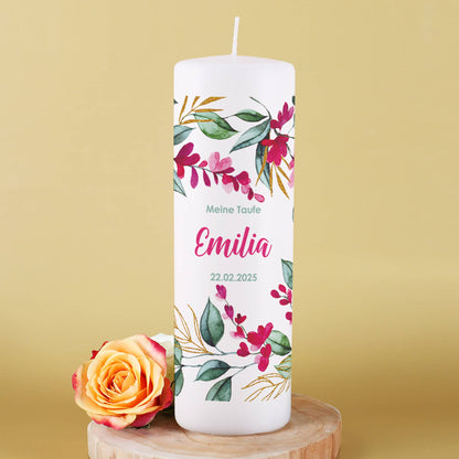 Große Kerze mit Blumenmotiv zur Taufe, Kommunion oder Konfirmation