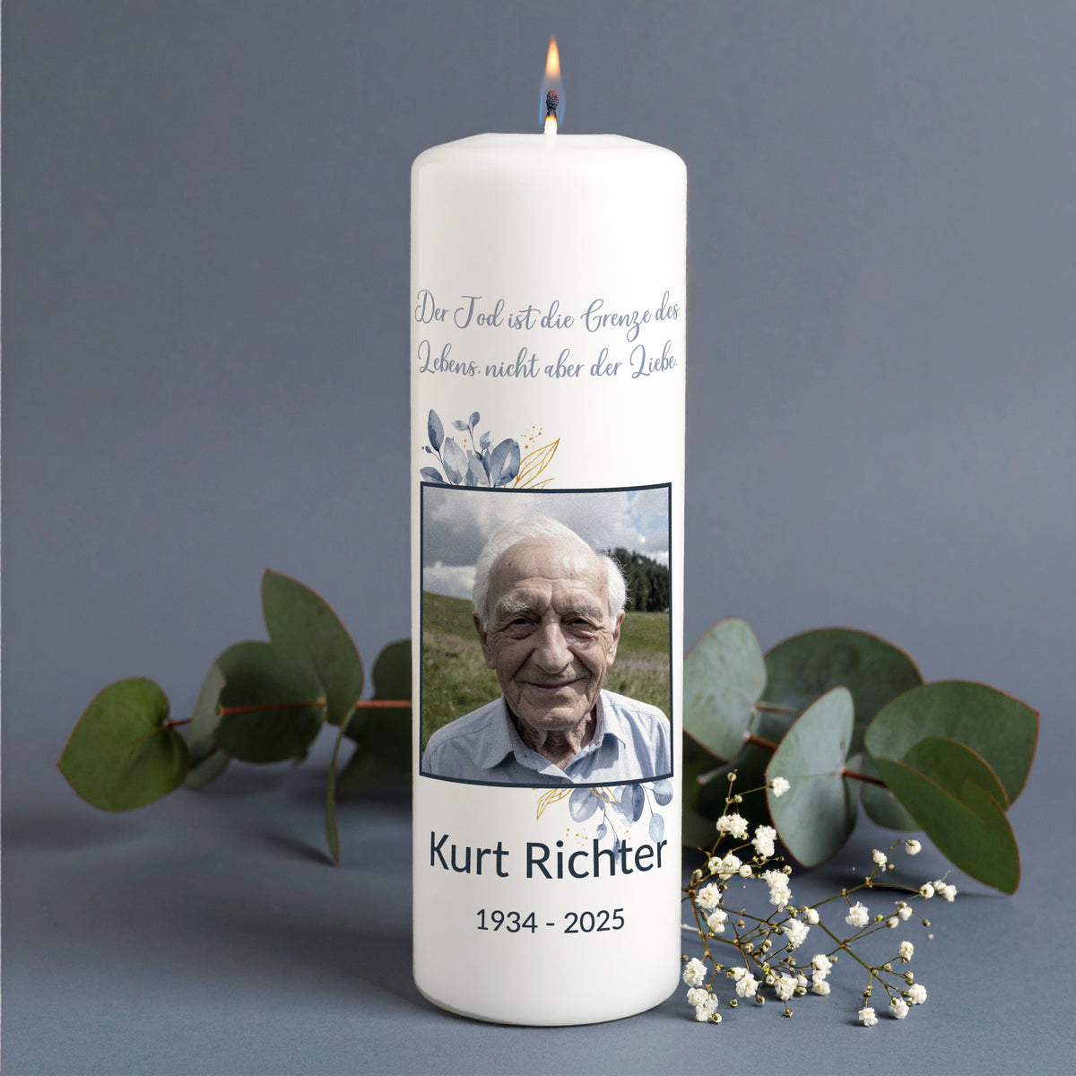 Personalisierte Trauerkerze mit Foto und Name
