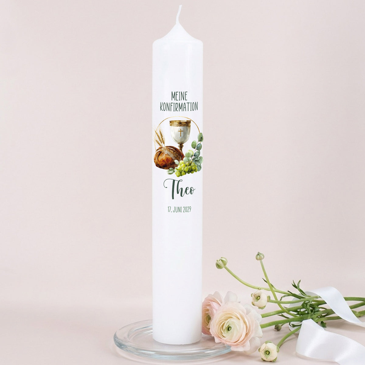 XXL Kerze zur Konfirmation in Weiß mit Schriftzug „Meine Konfirmation“, Aquarellmotiv Kelch und Brot mit Ähren und Trauben, personalisiert mit Name und Datum