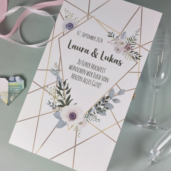 Gravierte Holzkiste zur Hochzeit mit zwei gravierten Weingläsern Geschenkidee mit Geldgeschenk