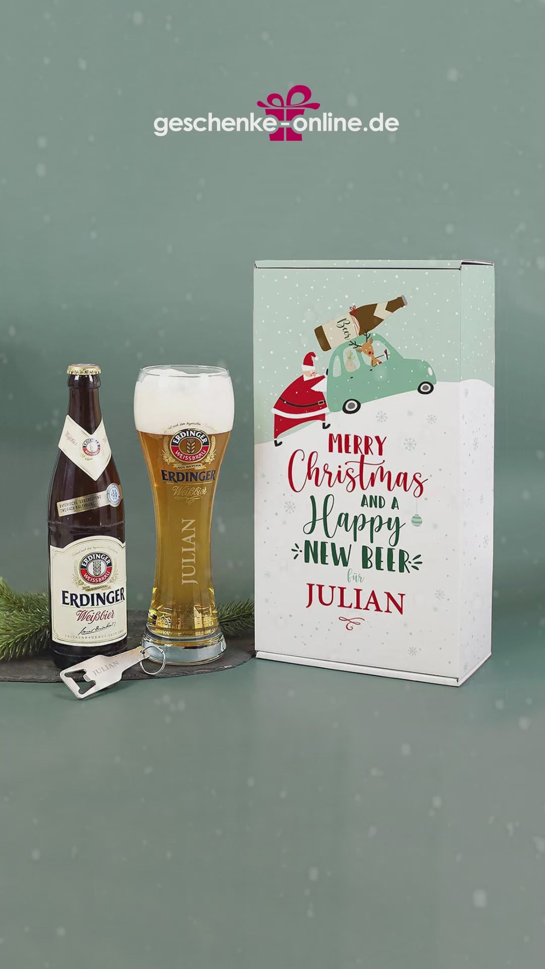 Personalisierte Geschenkbox für Weihnachten mit Erdinger Bier gravierten Weizenbierglas und gravierten Flaschenöffner.