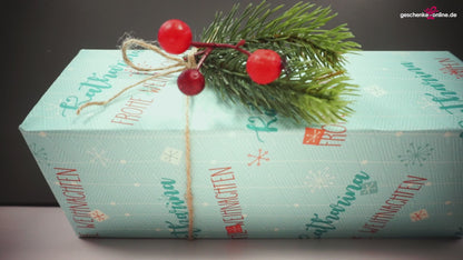 blaues personalisiertes Geschenkpapier mit zwei Zeilen 