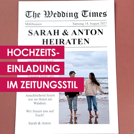 Hochzeitseinladung im Zeitungsstil, "Wedding Times" Einladungskarte zur Hochzeit mit Foto und Text