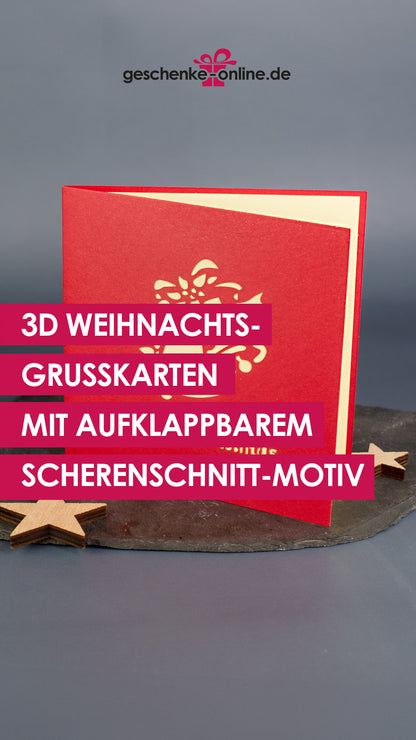 Weihnachts-Grußkarte mit aufklappbarem Scherenschnitt-Motiv, Merry Christmas Glocken Weihnachtskarte mit Glitzereffekt