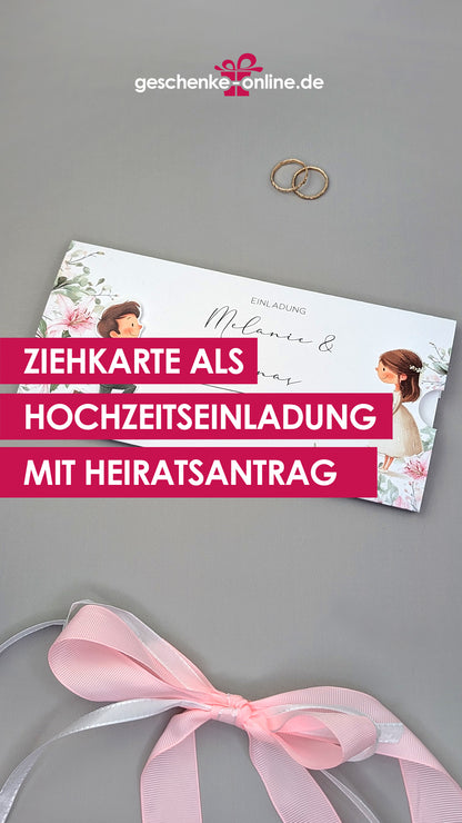 personalisierbare Ziehkarte als Hochzeitseinladung mit kniendem Bräutigam, Heiratsantrag