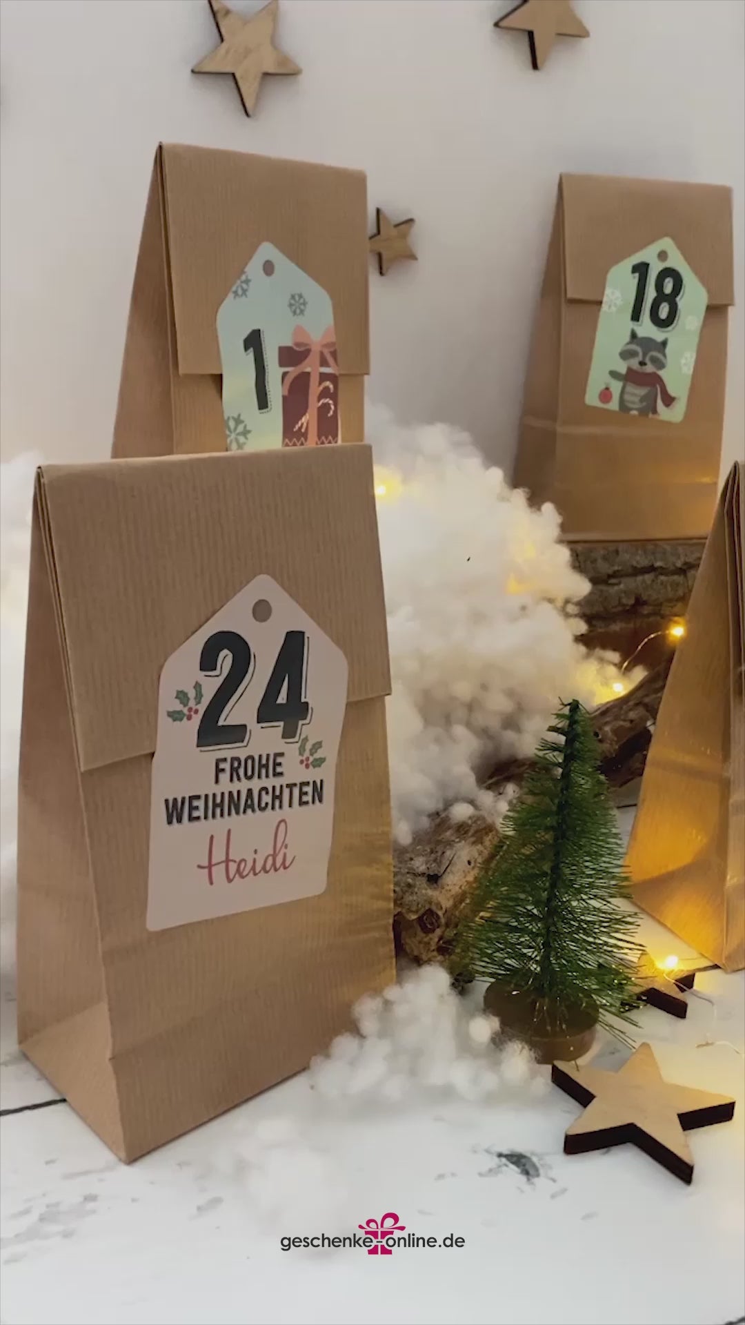 Adventskalender aus Kraftpapier Tüten mit tierischen Weihnachtsmotiven