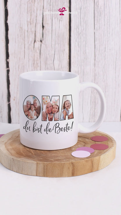 Anleitung zur Konfiguration der Oma Namenstasse aus Keramik mit drei Fotos und Text Oma , du bist die Beste!