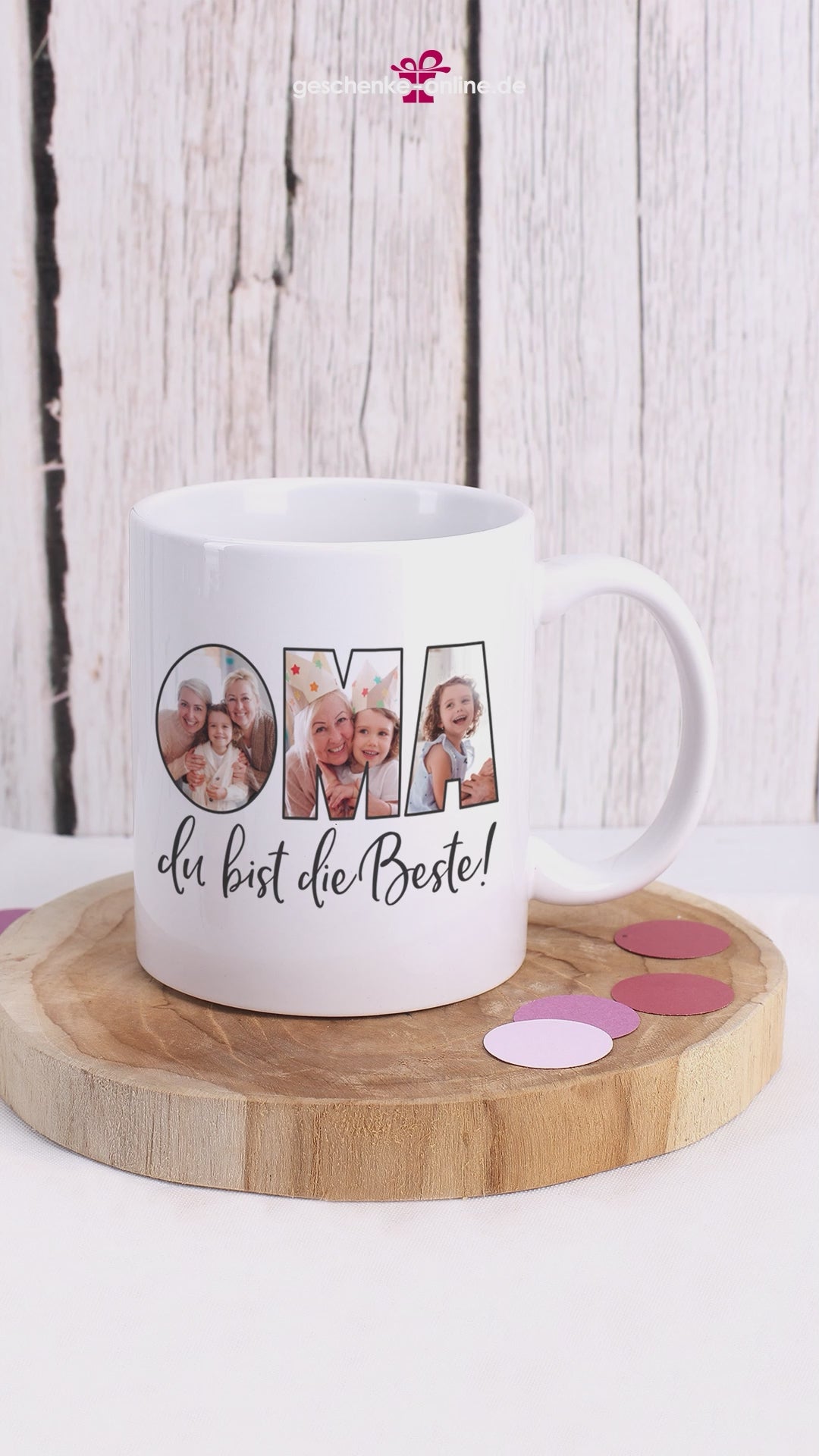 Anleitung zur Konfiguration der Oma Namenstasse aus Keramik mit drei Fotos und Text Oma , du bist die Beste!