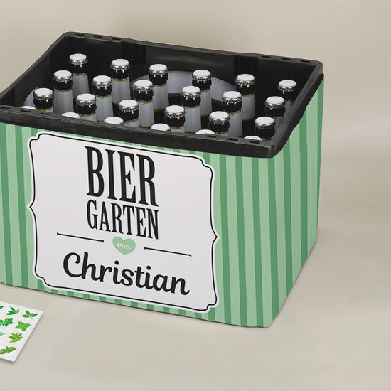 Banderole für Bierkasten mit Namenaufdruck und Kräutergarten- Aufdruck und Kronkorken- Stickern