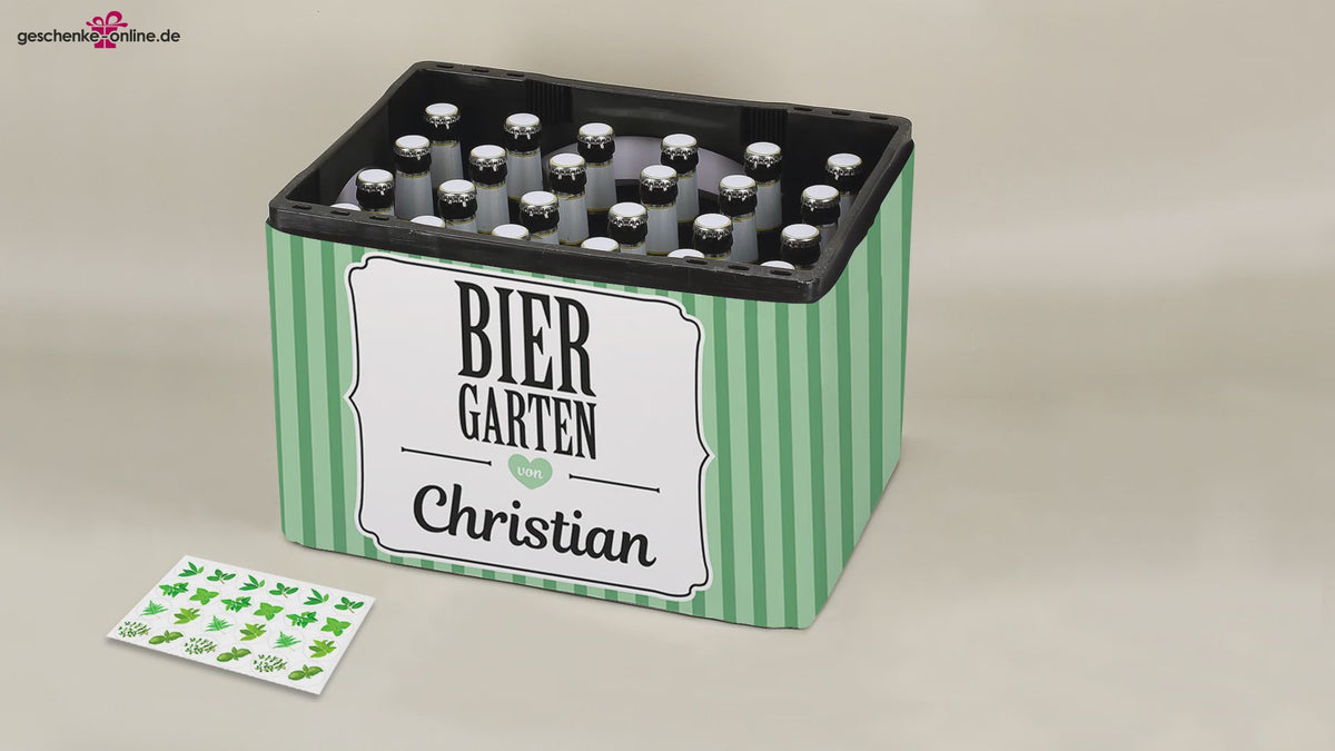 Banderole für Bierkasten mit Namenaufdruck und Kräutergarten- Aufdruck und Kronkorken- Stickern